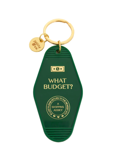 Green keychain with 'What Budget?' text on a white background