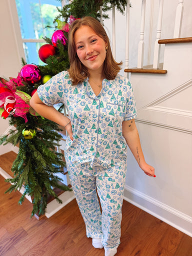 blue and green wreaths and trees pj set 