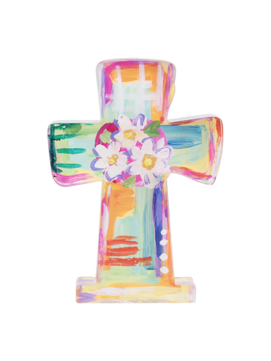White Flowers Geometric Acrylic Cross Colorful chic fun decor christian 