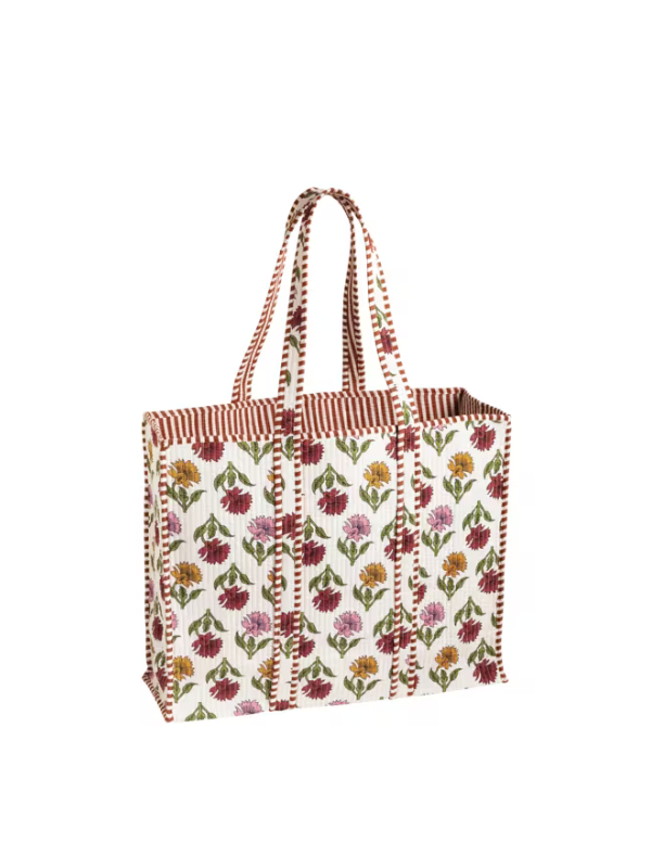 White & Red Quilted Block Print Tote By Mudpie