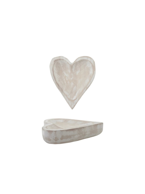 White Washed Carved Paulownia Wood Heart Shaped Dish small
