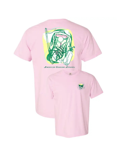 Pink t-shirt with a graphic design on the back 