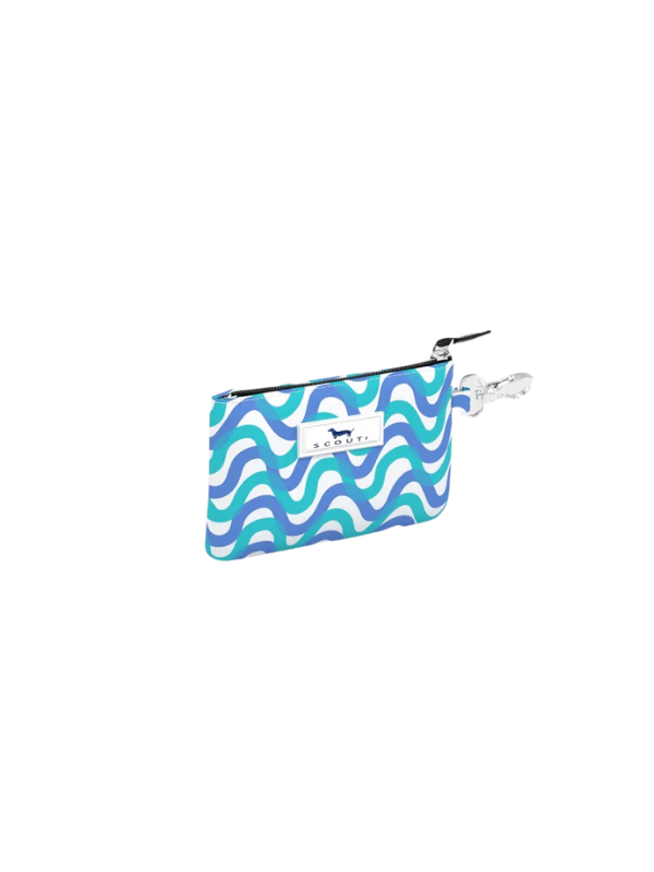 Blue wavy patterned wallet card holder with zip closure and clasp