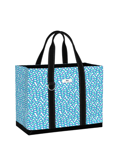 Blue wavy patterned large tote bag for travel