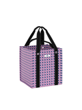 A square reusable tote bag with a pink and purple geometric pattern, featuring black shoulder straps and a small white brand tag on the front.