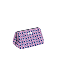 A small zippered cosmetic pouch with a pink and navy blue geometric pattern