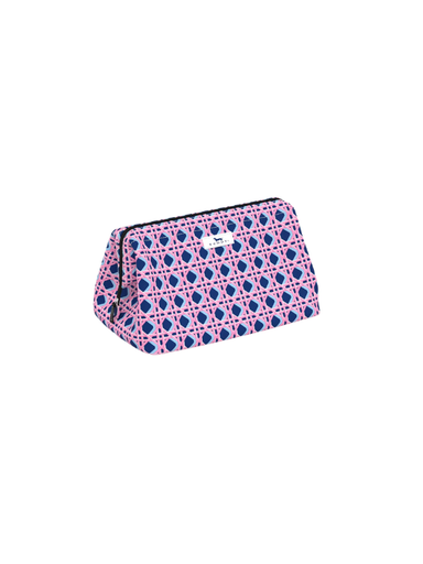 A small zippered cosmetic pouch with a pink and navy blue geometric pattern