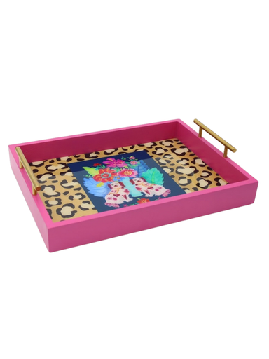 Pink tray with colorful design and gold handles