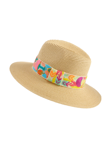 Beige straw hat with a colorful band on a white background