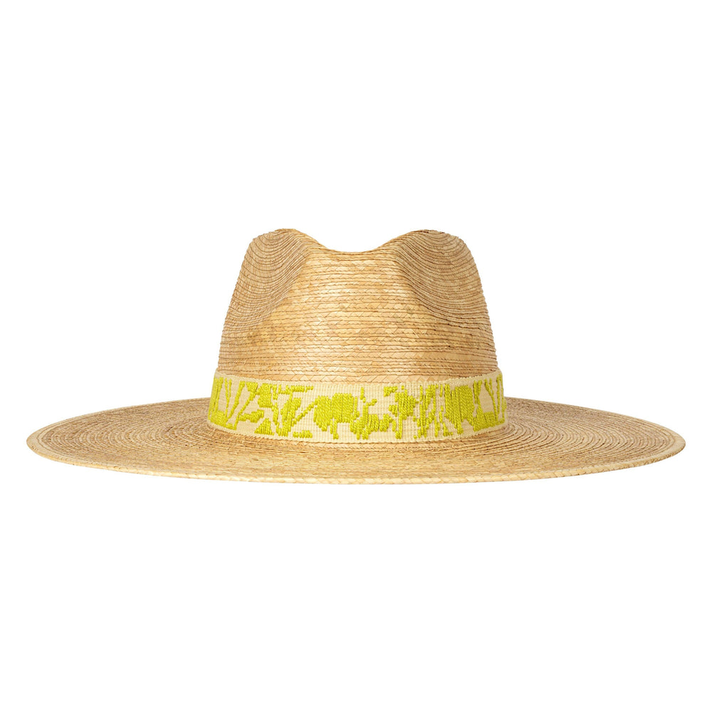 Straw hat with a lime green band featuring designs on a cream background