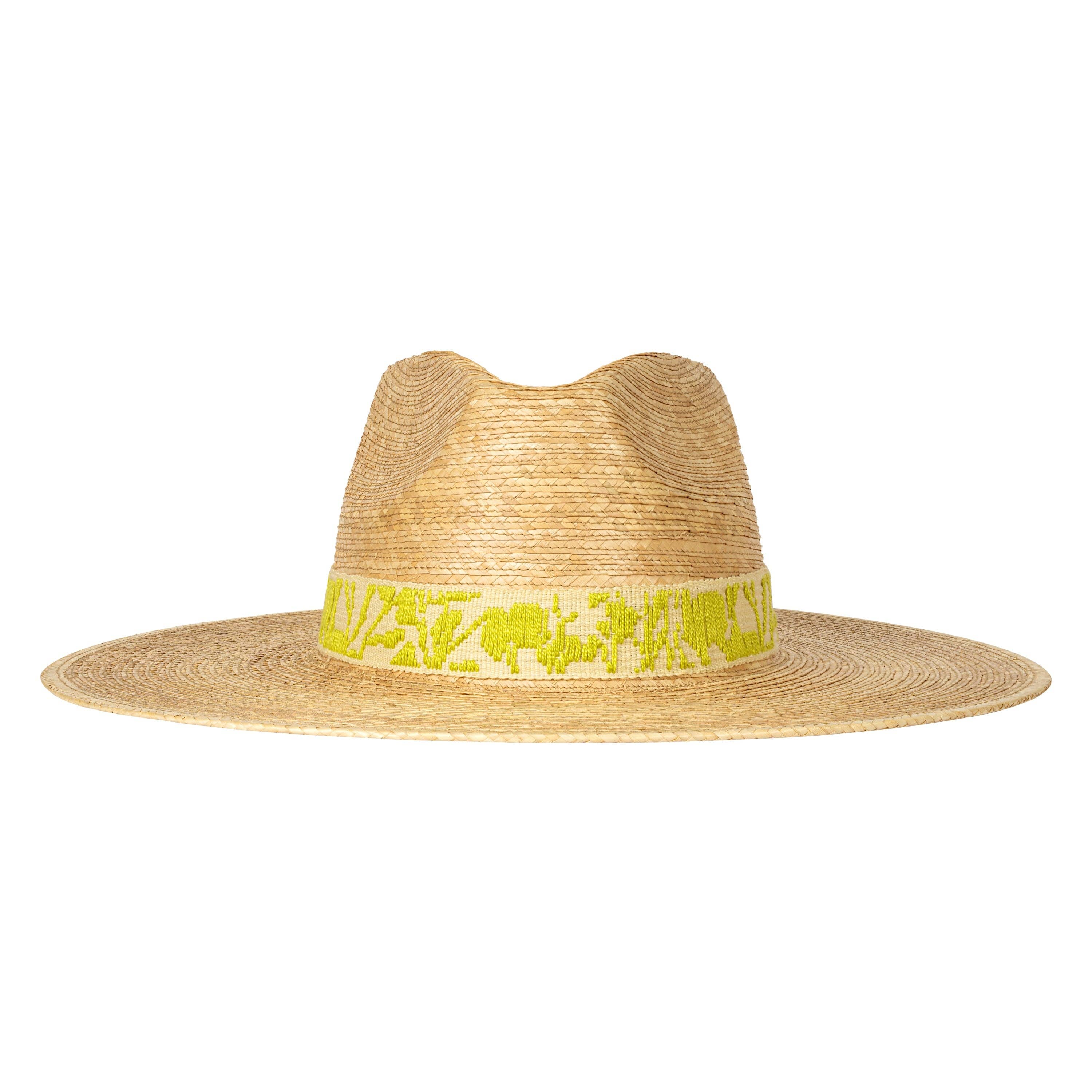 Straw hat with a lime green band featuring designs on a cream background