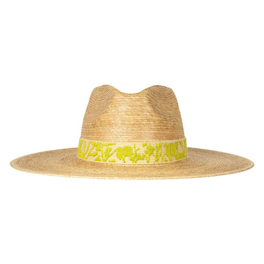 Straw hat with a lime green band featuring designs on a cream background