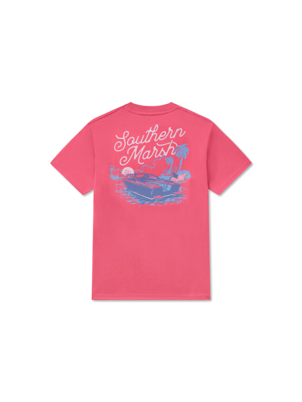 Pink t-shirt with 'Southern Marsh' logo and boat graphic 