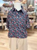 A polo that features gray and black camo-inspired print accented with pops of bold red, giving it the perfect Georgia-inspired color combination. 