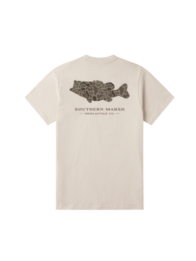 Ash Gray tee with a camo bass on the back of the t-shirt