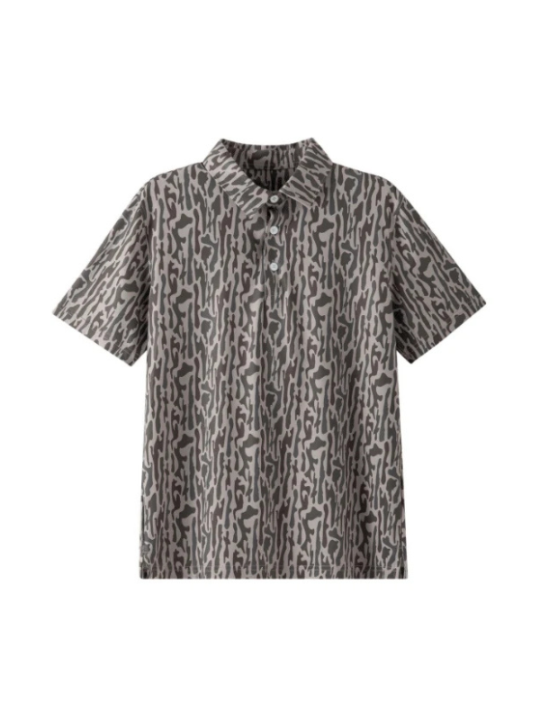 This polo features an allover bark-inspired camouflage print in tonal gray and charcoal for a rugged look that still feels clean and polished.