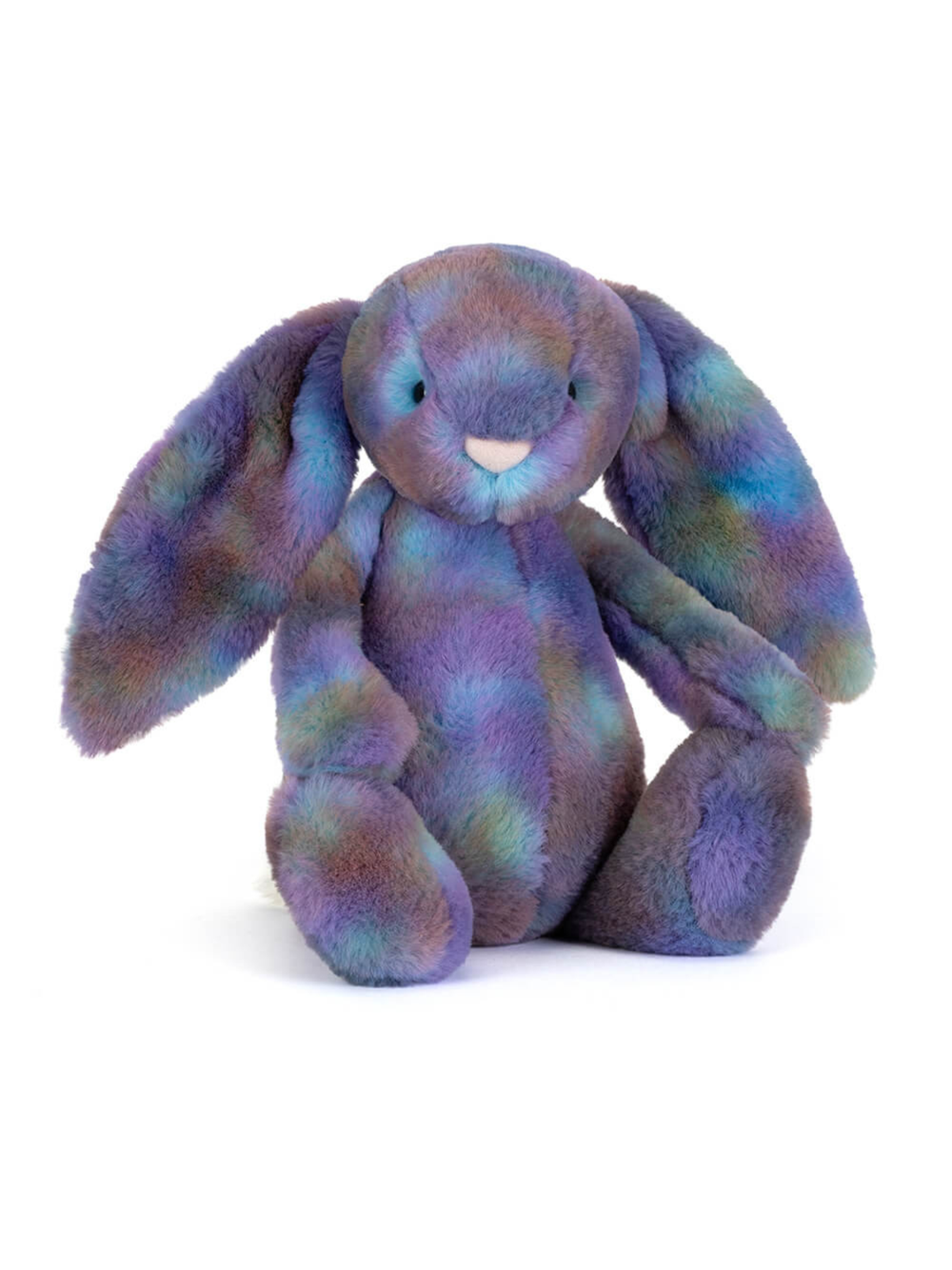 Plush bunny toy with multicolor pattern on a white background