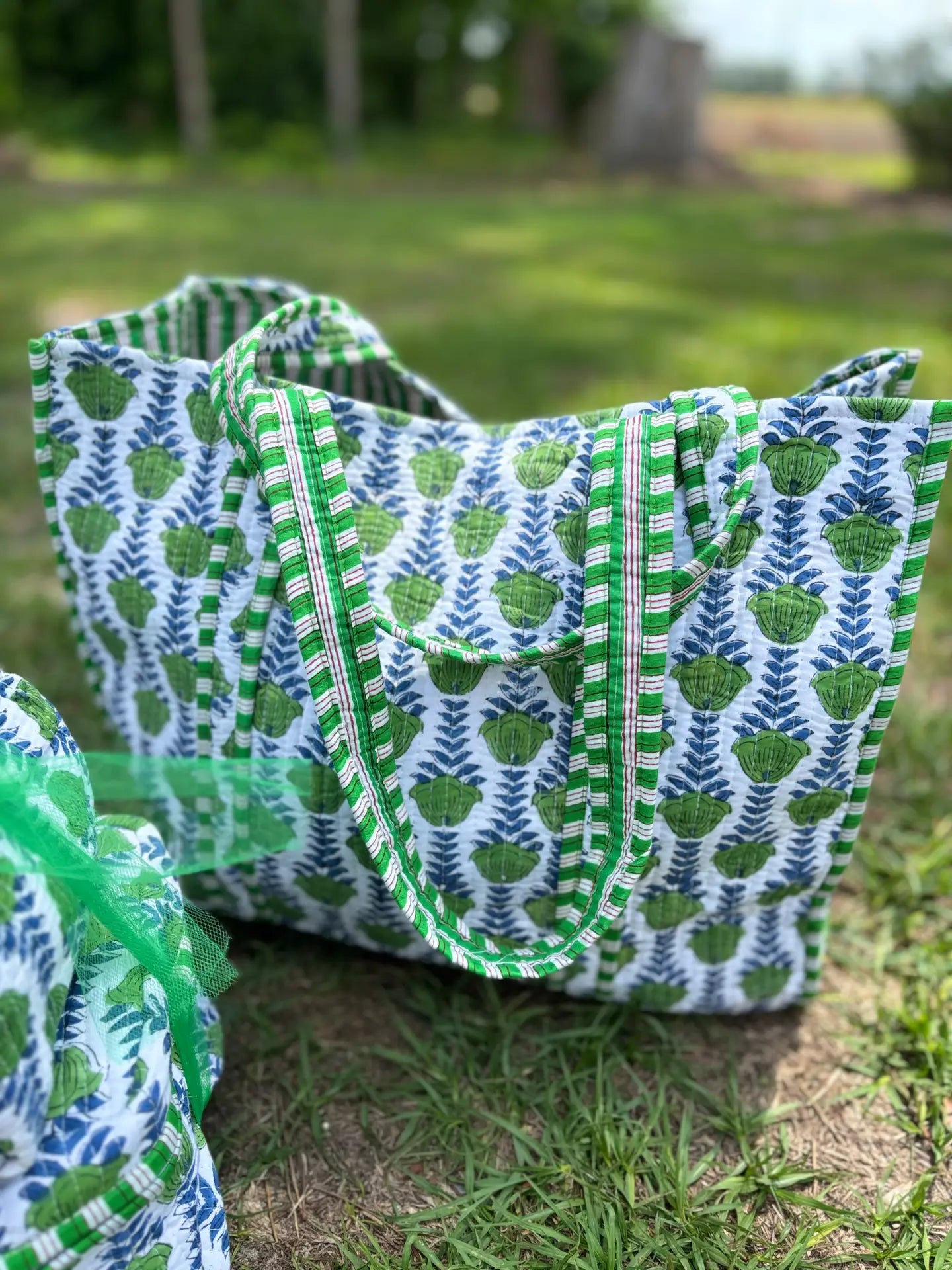 Green Blooms Quilted Tote Bag