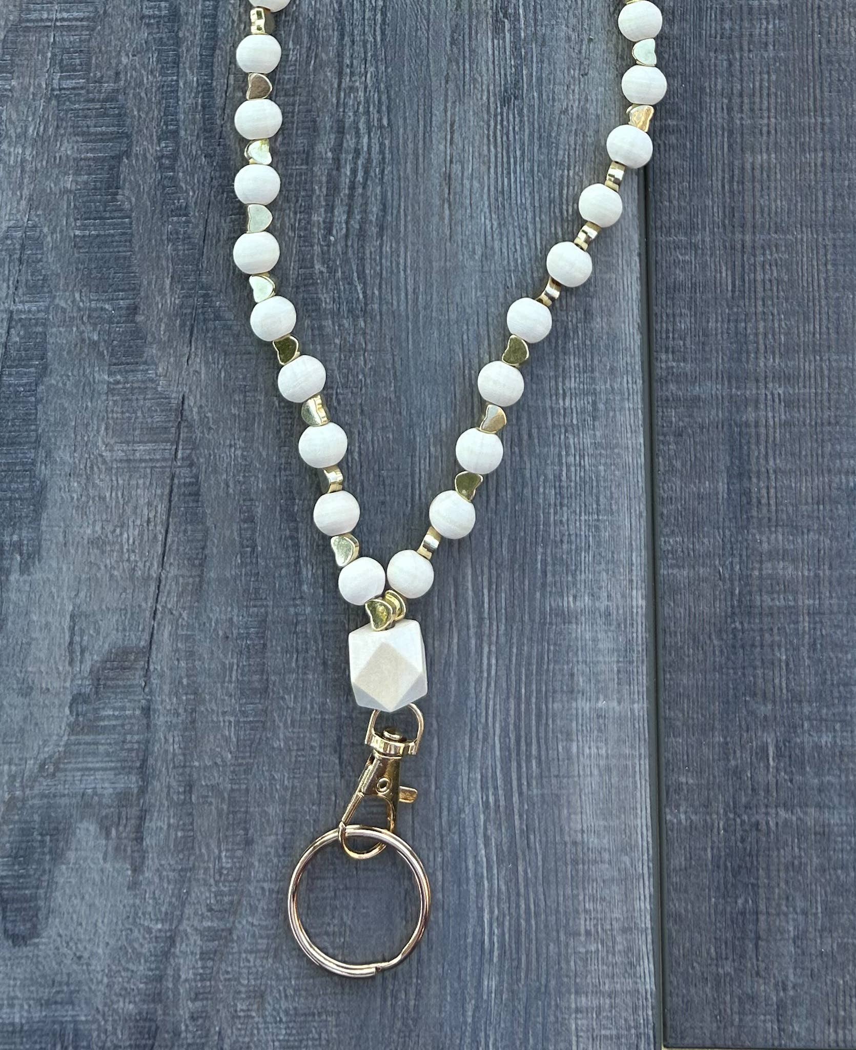 Gold Heart Beaded Lanyard with Breakaway Clasp