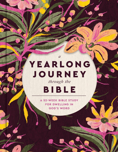 Book cover with floral design and text 'A Yearlong Journey through the Bible' on a dark background.