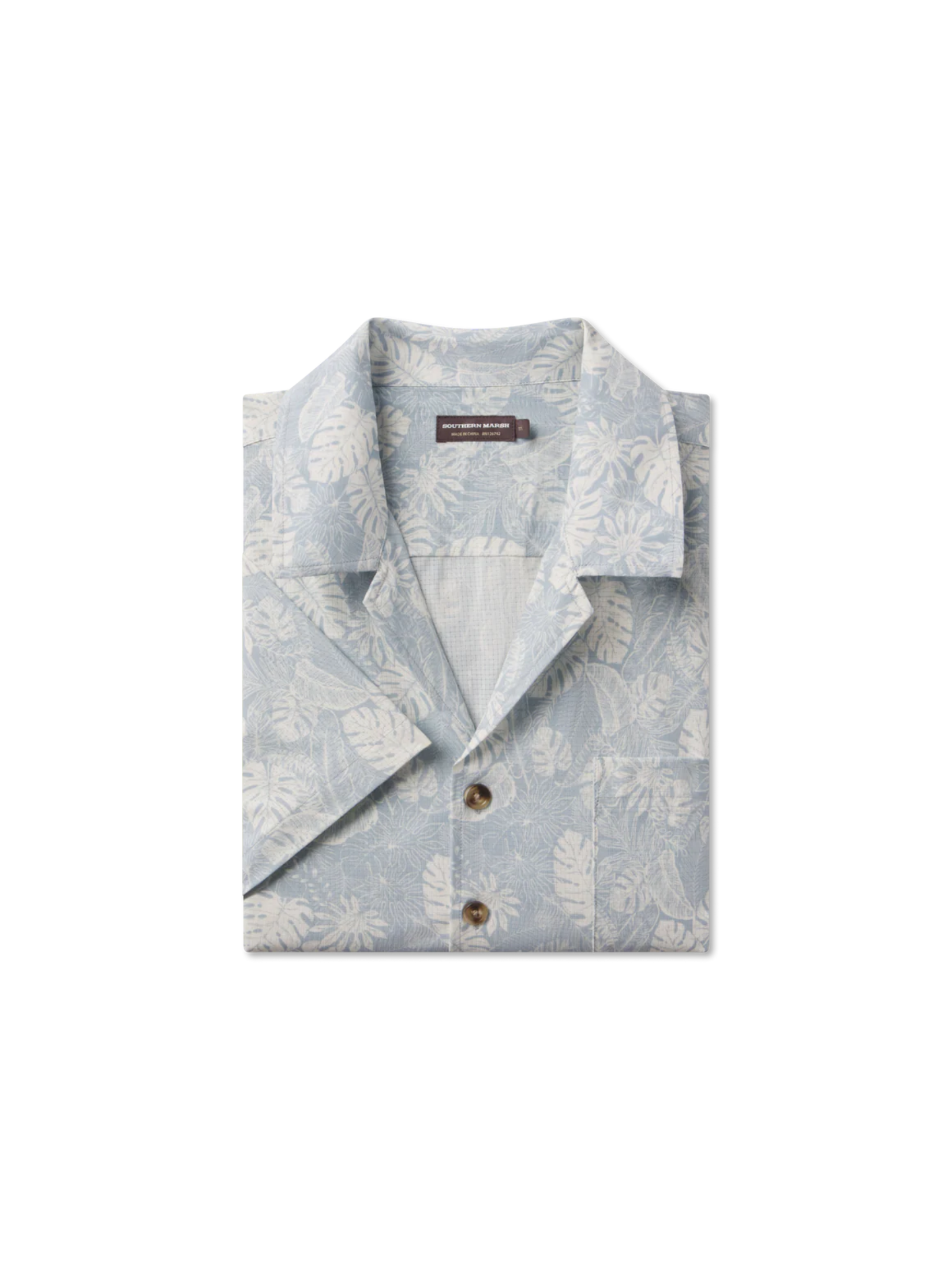 Short-sleeve button down shirt with a tropical leaf pattern 