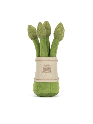 Plush Jellycat toy shaped like asparagus with a smiling face 