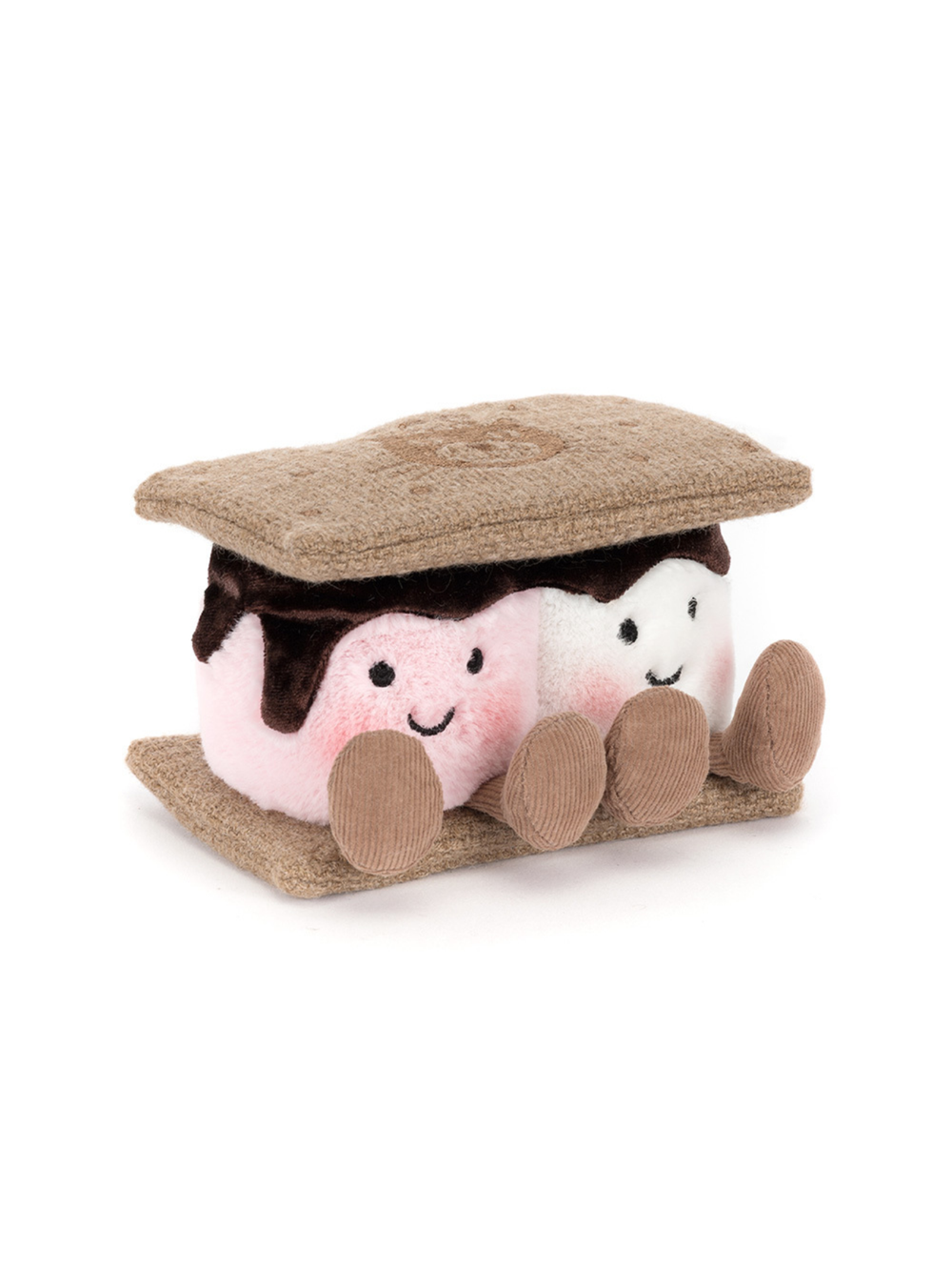 Plush toy resembling a s'more with smiling marshmallows and a brown bun 