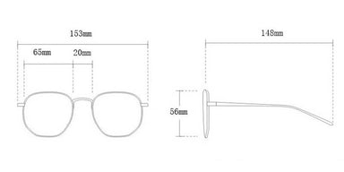 Technical drawing of sunglasses with dimensions labeled