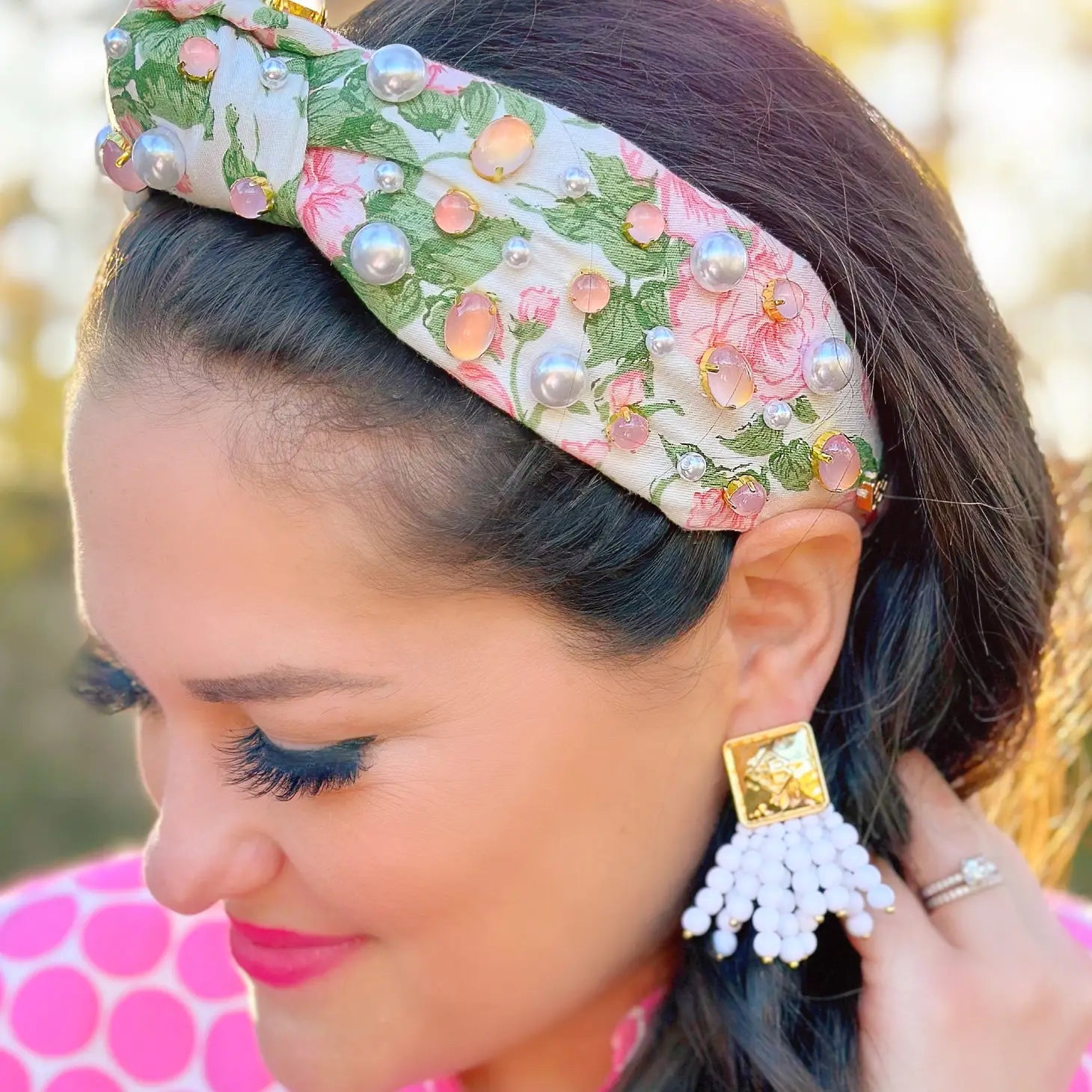 Light Pink Hibiscus Flower Headband with Crystals and Pearls by Brianna Cannon