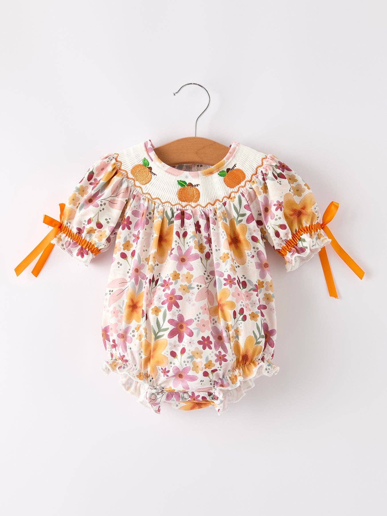 Embroidered Pumpkin Smocked Floral Baby Girl Romper