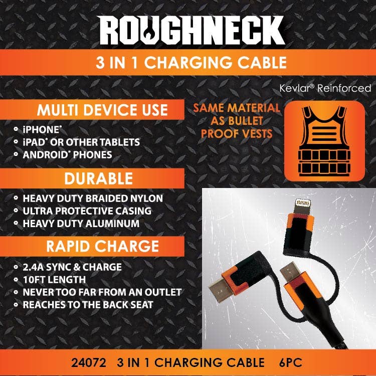 Charging Cable 3 IN 1 Roughneck 10 ft Assortment