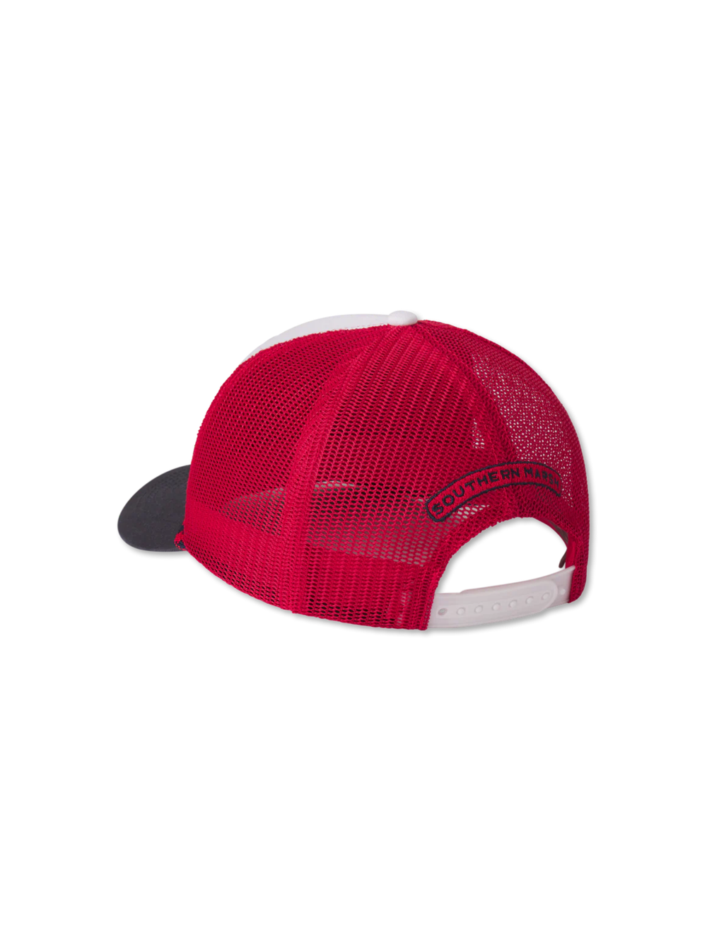 Red mesh cap with dark blue and white accents 