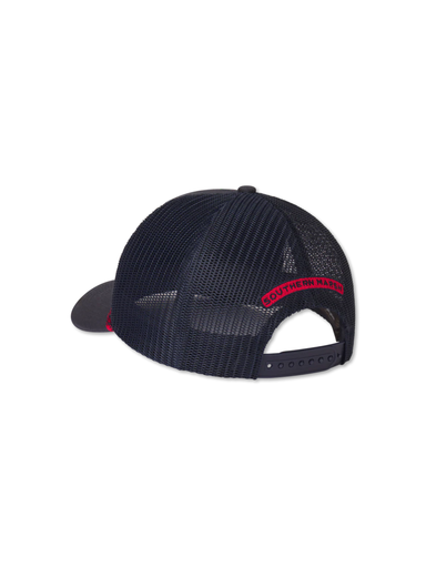 dark blue mesh cap with red logo 