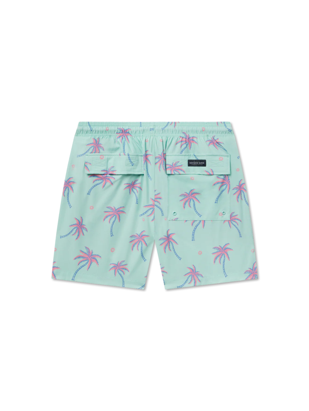 Light blue swim shorts with palm tree pattern 