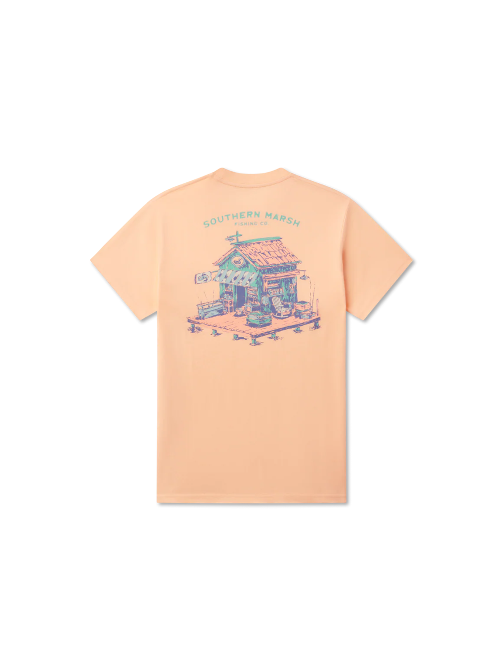 Peach-colored t-shirt with bait shack graphic 