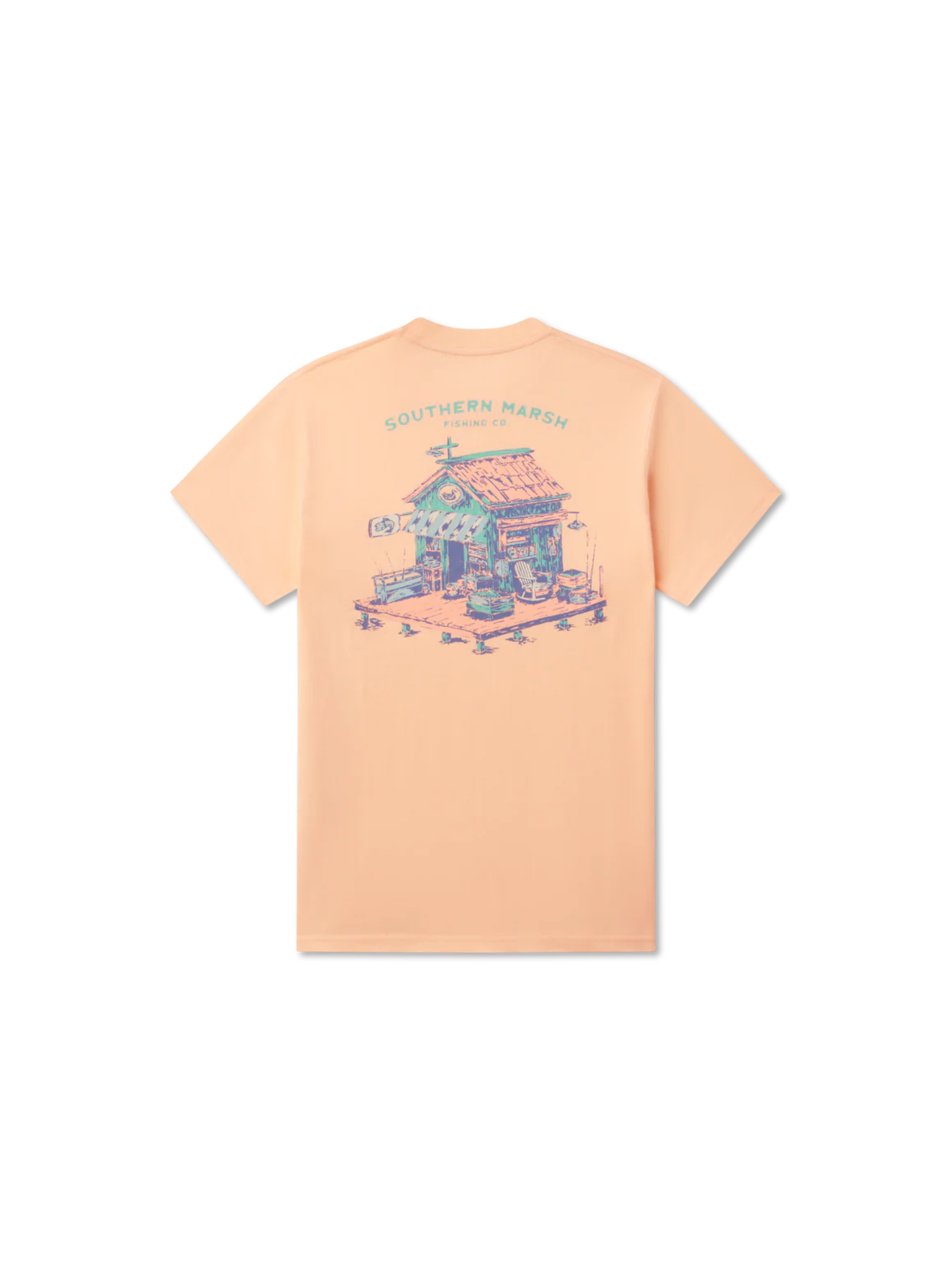 Peach-colored t-shirt with bait shack graphic 