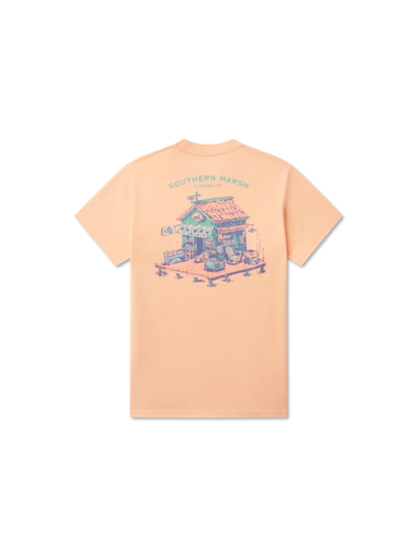 Peach-colored t-shirt with bait shack graphic 