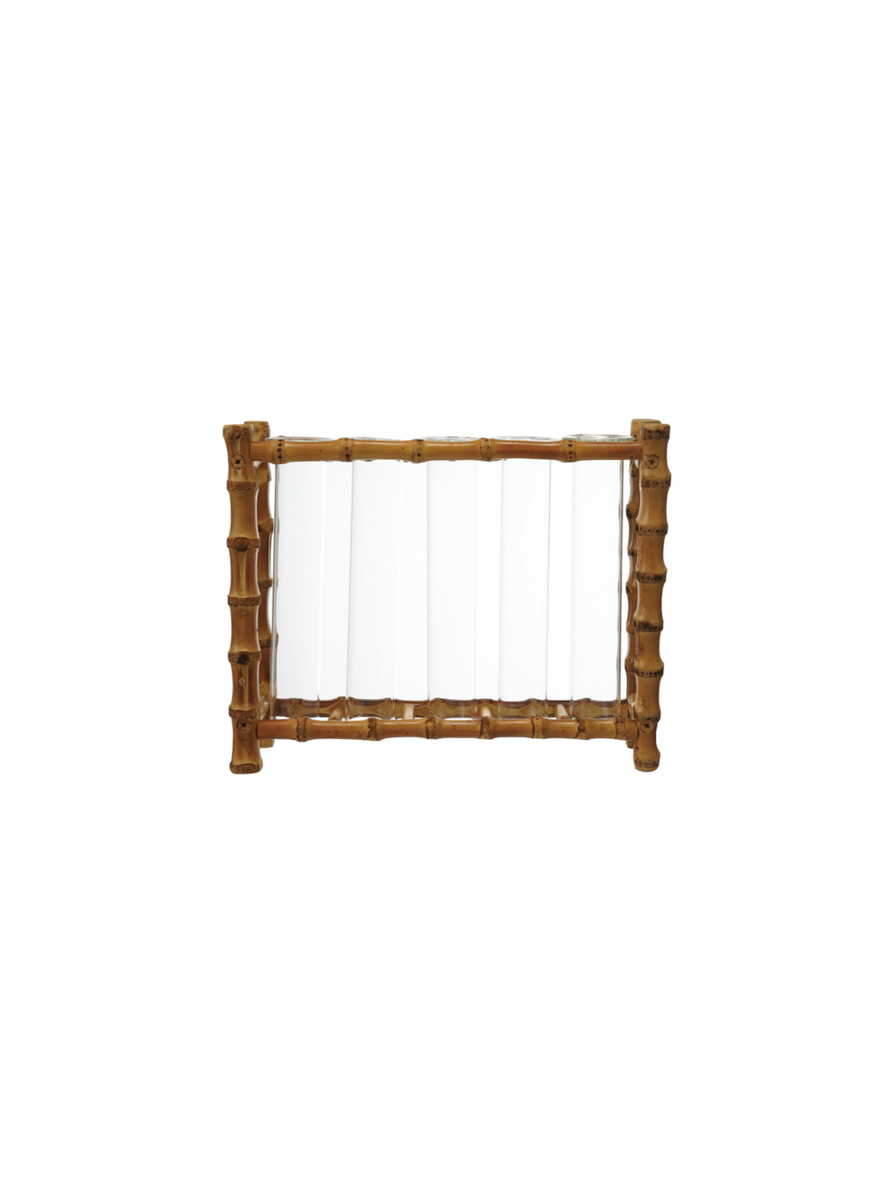 Bamboo-framed propagation station with six clear glass tube vases, designed for displaying fresh flowers, rooting plant cuttings, or creating a decorative botanical centerpiece.
