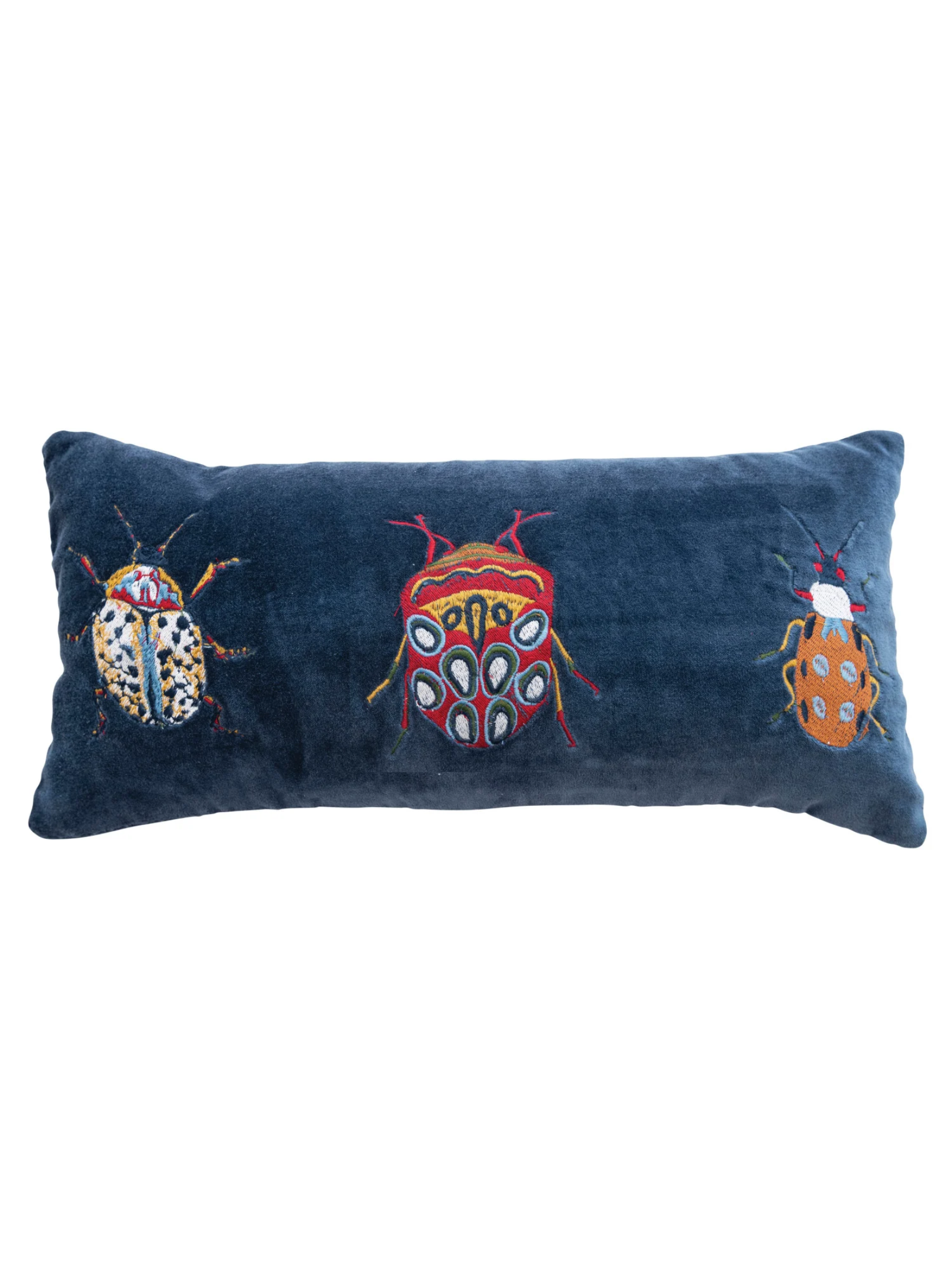 Navy velvet lumbar pillow with three colorful embroidered beetles across the front.