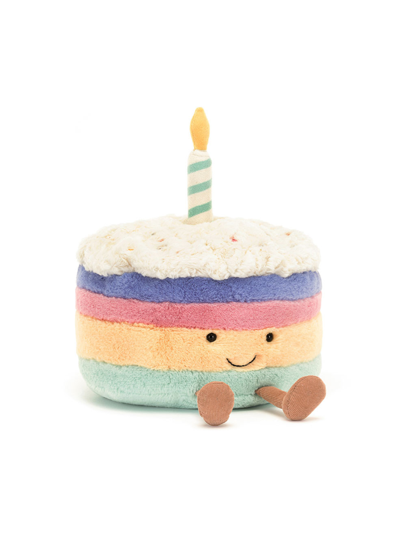 birthday cake plush with a smiley face, legs, a candle, and sprinkles