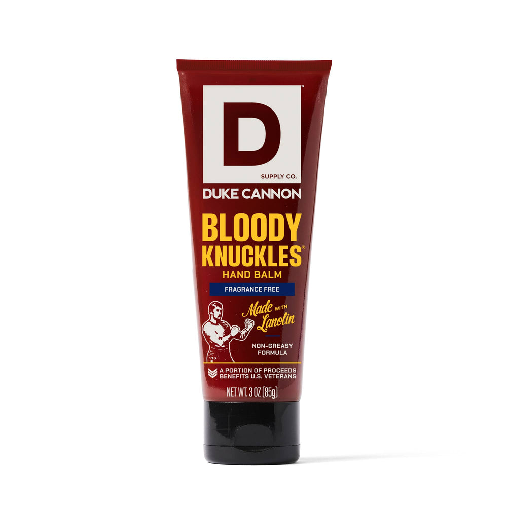 Tube of Duke Cannon Bloody Knuckles hand balm on a white background