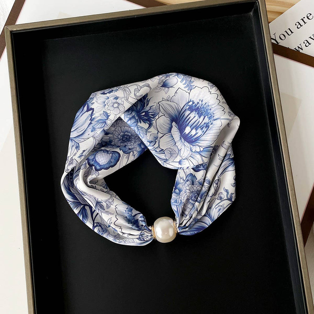 Blue and white floral neck scarf necklace with pearl clasp