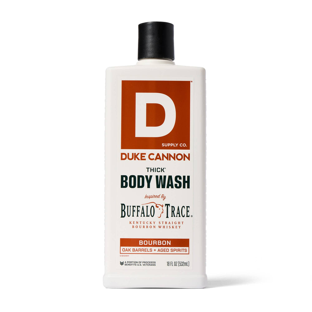 Duke Cannon body wash bottle with Buffalo Trace bourbon flavor on a white background
