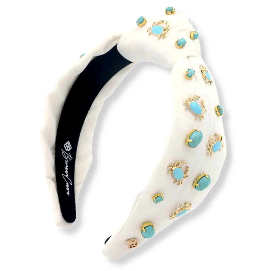 White Twill Headband with Turquoise and Gold Crabs by Brianna Cannon