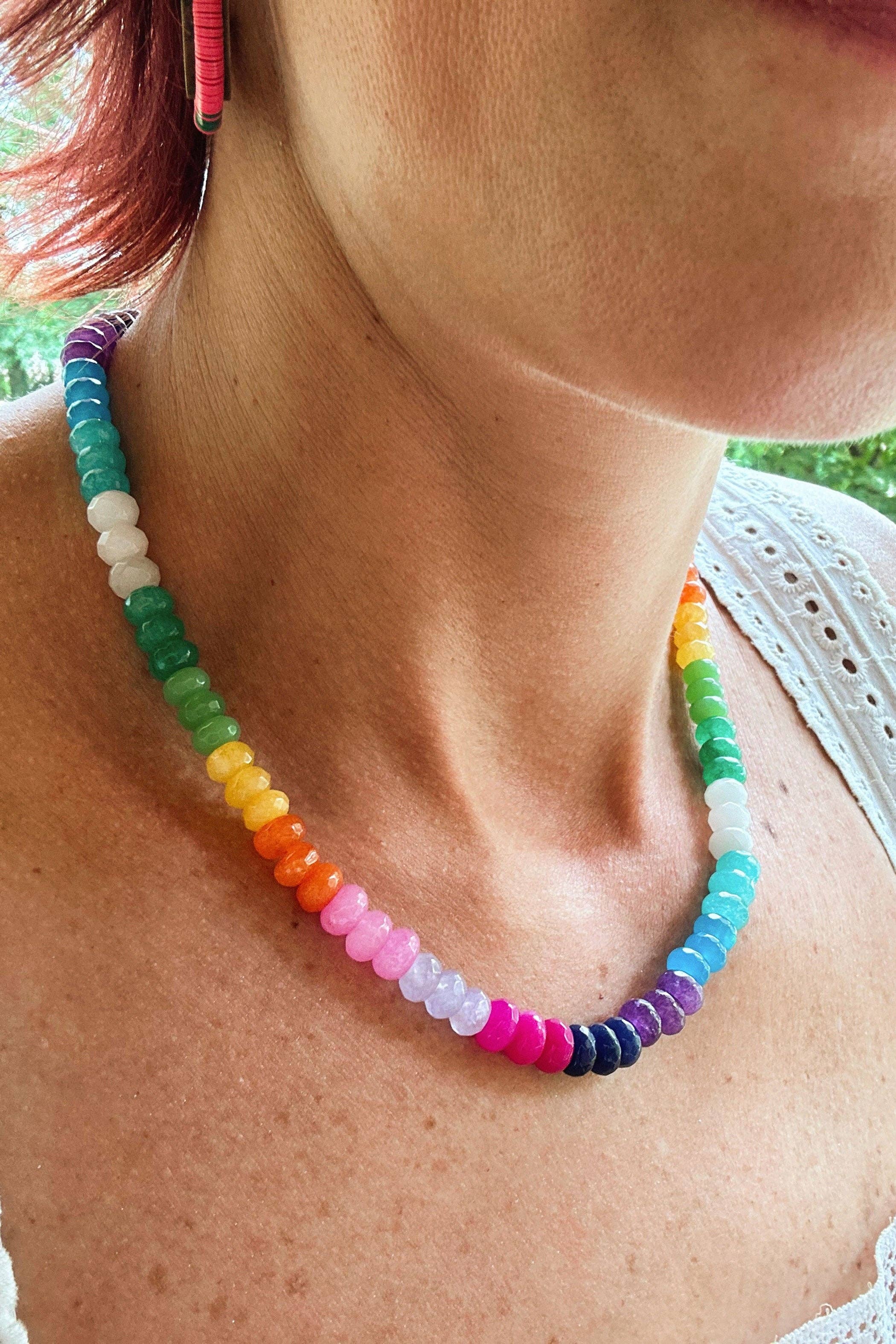 Adjustable Rainbow Necklace: Faceted Ombre Multi Color Gemstones