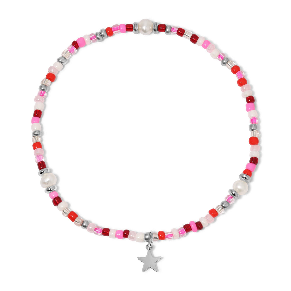 Ankle Bracelet | Flamingo (Pink-Red) Seed Beads and Pearls