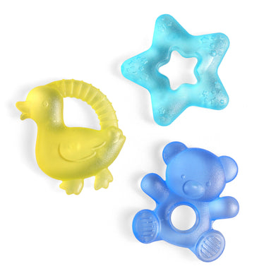 Three colorful baby teething toys 