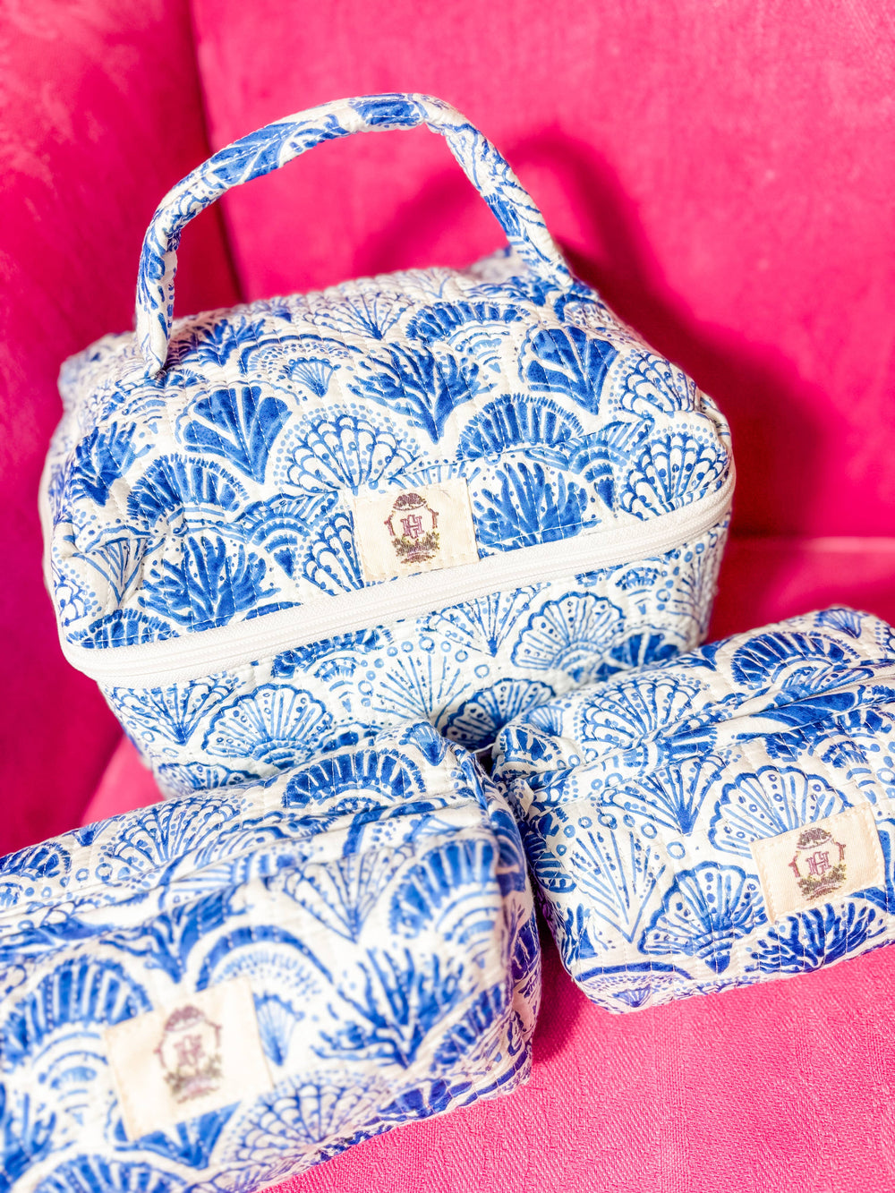 Calico Scallop Quilted Set of Three Cosmetic Bags