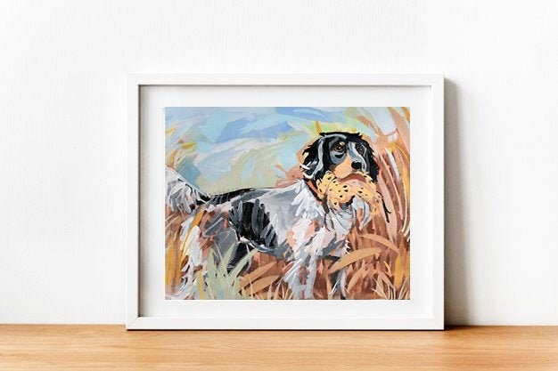 English Setter - "Pointer in the Grass" Hunting Dog Painting by Brandon Thomas Print- 5x7