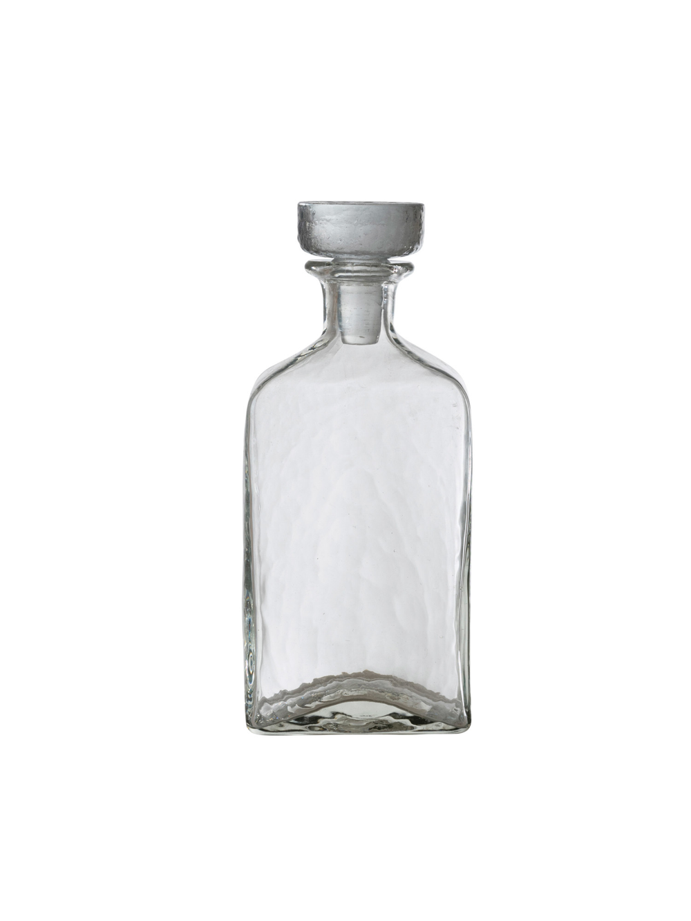 Clear recycled glass decanter with a rectangular silhouette and matching glass stopper, ideal for serving whiskey, bourbon, wine, or displaying as a decorative bar accessory.